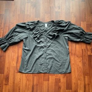 Vintage grey ruffle top, button up blouse. Longer sleeve.